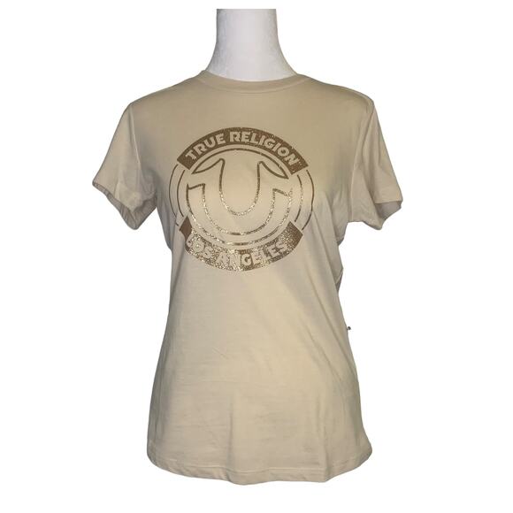 True Religion cream & gold logo t-shirt size S NWT - Picture 1 of 13